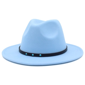 Detail view of light blue fedora with black leather band and turquoise studs