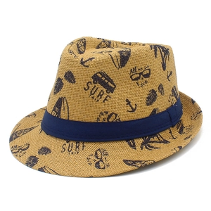 Sommerlicher Strohhut für Herren im Jazz-Stil mit Surf-Motiven und blauem Zierband
