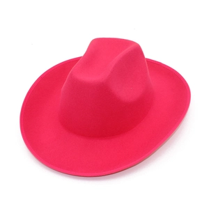 Macro shot of magenta felt cowboy hat showing flat top and fine stitching details
