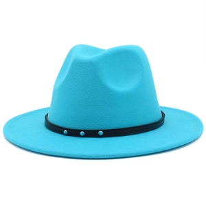 Detail of turquoise wool fedora with black faux leather band and metallic studs