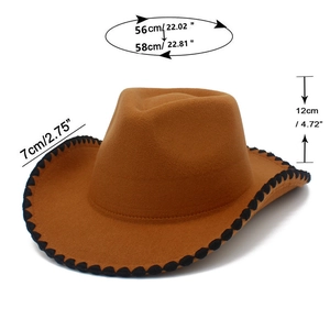 Brown wool felt cowboy hat dimensions detail with 7cm brim and 56-58cm head size specs
