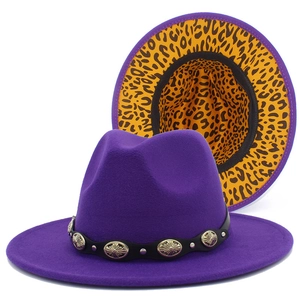 Detail of purple wool fedora showing leopard print lining and silver buckle belt