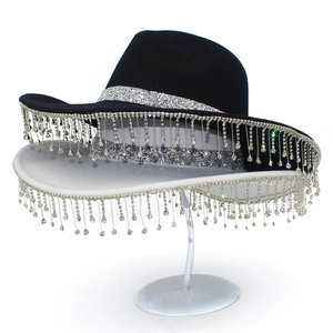 Western bridal cowboy hat with rhinestone tassels and silver glitter band in black and white
