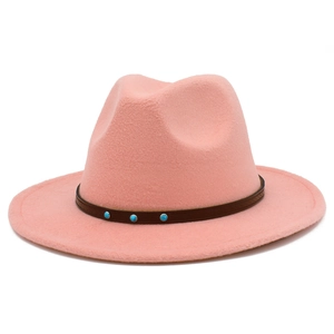 Pink felt fedora hat with dark brown faux leather band and turquoise stud accents