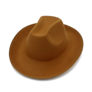 Detailed view of the smooth wool felt texture on a classic caramel fedora jazz hat