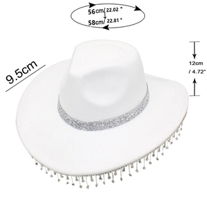Detailed size specifications of white western cowboy hat with rhinestone tassels and sequins