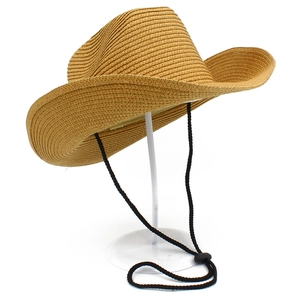 Classic straw western cowboy hat with wide curved brim and adjustable black wind rope
