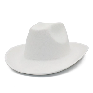 Detail of white wool cowboy fedora hat showing textured felt fabric and curved brim