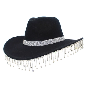 Chic black cowboy hat with shimmering silver glitter band and sparkling rhinestone tassels