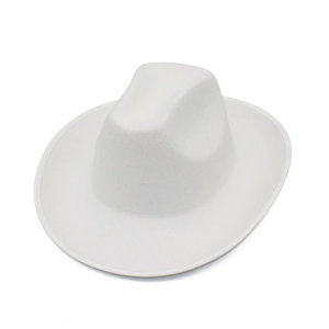 Detailed view of the stitched brim on a classic white felt cowboy hat with flat seams