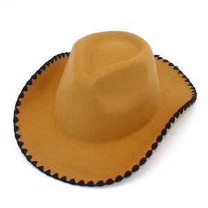 Detail of western jazz fedora showing black wavy stitching on camel wool felt brim