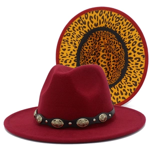 British style wine red wool fedora with leopard print brim and metal belt trim