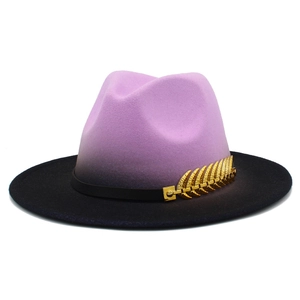 Fashionable purple and black gradient wool fedora hat with gold leaf buckle and wide brim