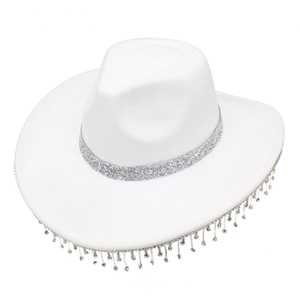 Detailed view of bridal white cowboy hat featuring shimmering rhinestone fringe and sequins