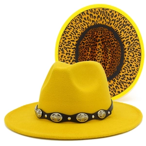 Yellow wool fedora hat with leopard print underbrim and vintage metal buckle belt
