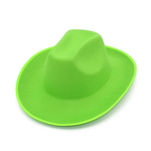 Detail of neon green western cowboy hat with wide brim and structured felt texture