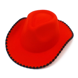 Detail of red wool fedora with decorative black wave-patterned scalloped edge trim