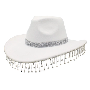 Rhinestone Fringe Western Cowboy Hat For Women Glitter Band Felt Fedora Hat For Wedding Bachelorette Party Cowgirl Hat Accessories