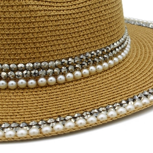 Khaki woven straw sun hat with elegant pearl and rhinestone trim for summer beach travel