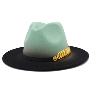 Green and black gradient wool fedora hat with flat brim and gold feather metal buckle