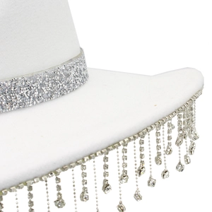White western cowboy hat featuring sparkling silver glitter band and rhinestone fringe trim