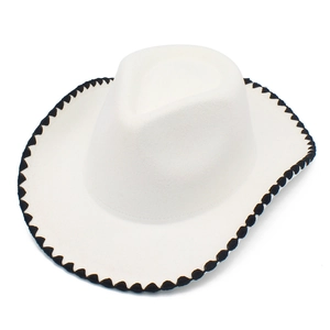 Detailed top view of white western cowboy hat with black zigzag stitched edge detail