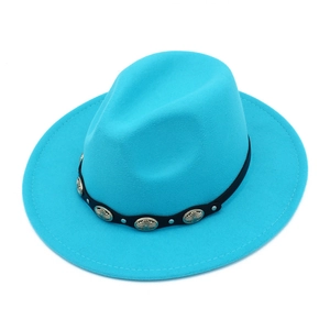 Classic bright cyan wool fedora hat with black leather belt and vintage metal studs