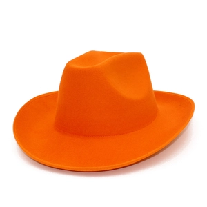 Detail view of bright orange fedora hat with a wide brim and premium wool texture