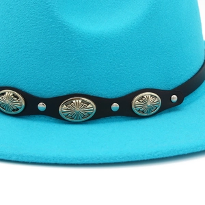 Bright blue wool fedora hat featuring a black leather band with vintage silver metal buckles