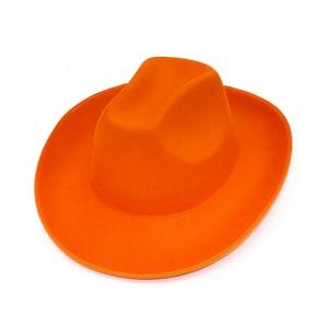Classic bright orange wool cowboy hat with wide brim and reinforced stitching details