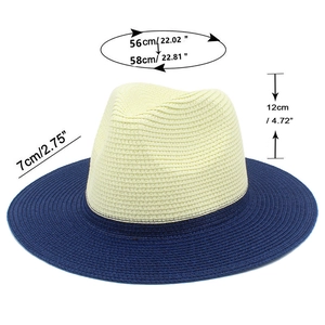 Detail view showing beige and navy two-tone straw weaving with dimension specs