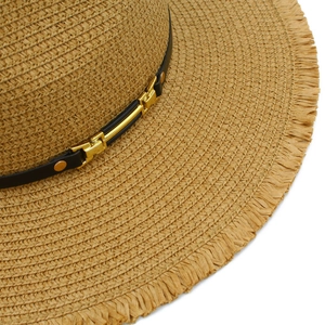 Chapeau de soleil en paille kaki avec lanière en cuir noir et bord à franges