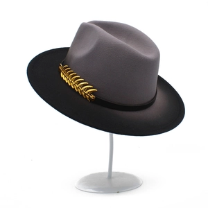 Classic gray and black gradient felt fedora hat with a golden wheat pin decoration