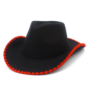 Classic black wool fedora jazz hat with red stitched edge and western cowboy style