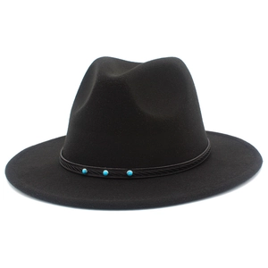 Detail of black fedora hat with woven band and three turquoise bead accents