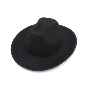 Detailed top view of a classic black felt fedora hat with wide brim and structured crown