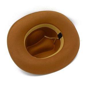 Detail of wool felt fedora interior showing yellow sweatband and adjustable drawstring