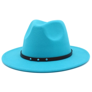 Detailed view of turquoise wool fedora hat with brown leather band and turquoise beads
