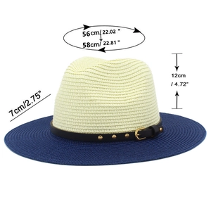 Detail view of two-tone straw fedora showing 12cm height and 7cm brim width measurements