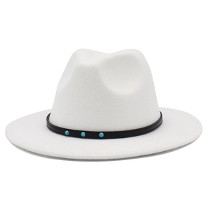 Detailed view of white wool fedora hat with black leather band and turquoise studs decoration