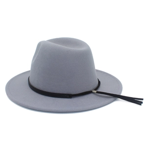 Side view of a grey wool felt fedora hat featuring a black tassel band.