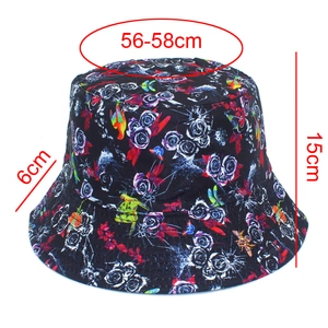 Detailed size guide for floral bucket hat showing 56-58cm circumference and 15cm height