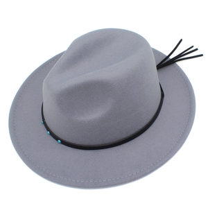 Classic grey felt fedora hat with turquoise bead band and black feather accents
