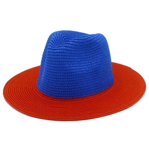 Two-tone blue and red wide brim Panama straw sun hat with classic jazz style weave