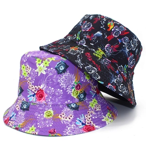Double-sided floral bucket hat for sun protection with purple and black rose patterns