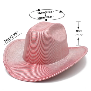 Close-up of pink and silver metallic striped cowboy hat with dimensions 58cm circumference