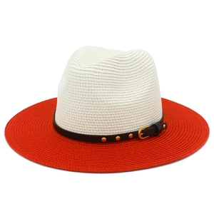 Two-tone straw sun hat with wide brim, black leather band and gold rivet details