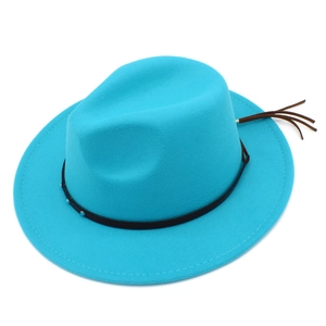 Lake blue wool felt jazz fedora hat with black rivet leather belt and tassels