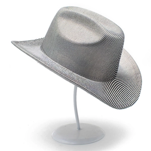 Detail view of silver disco cowboy hat featuring reflective metallic grid texture and wide brim