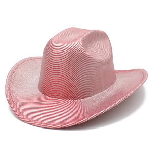 Close-up of pink and silver sequin western cowboy hat with wide brim and stitched edges
